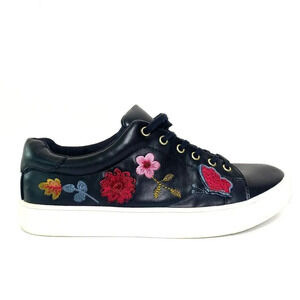 Nanette Lepore Wildflower Embroidered Sneakers Black Faux Leather Women's 10M